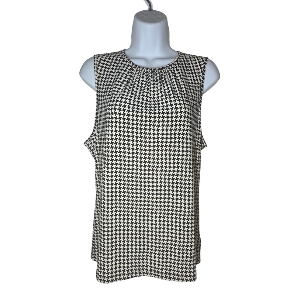 Chaps Sleeveless Houndstooth Black White Pleated Career Work Blouse Stretch L‎